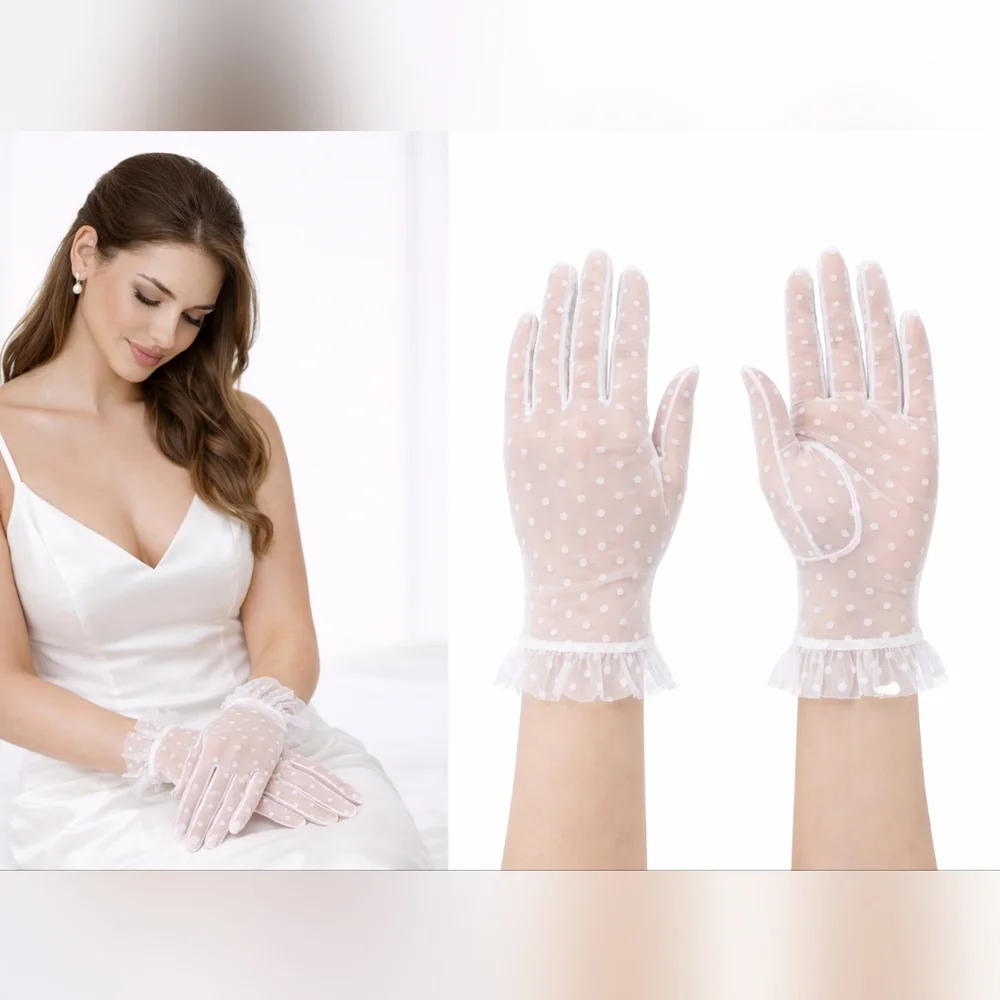 New Sheer Polka Dot Bridal Gloves White Tulle Mesh Ruffle Cosplay Dress Up Lace